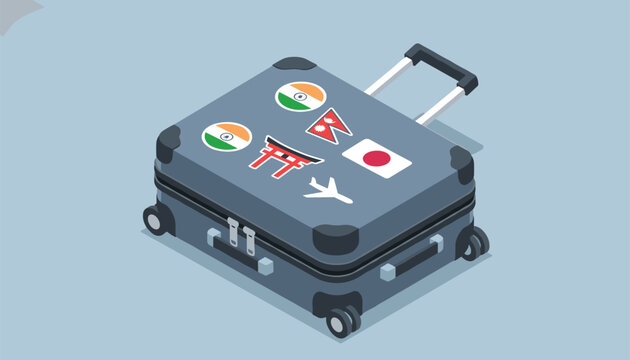 Travel suitcase with various colorful stickers and stamps from different countries standing ready for a vacation adventure trip.