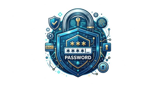 Secure password protection shield design with digital elements and symbols showing security and privacy