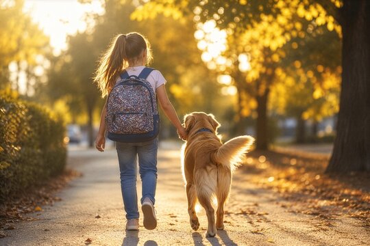 Beautiful childhood moment with girl and golden retriever in autumn park
