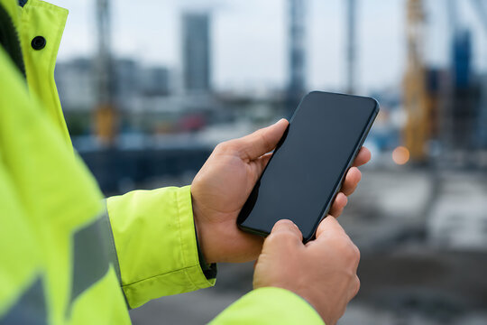 Construction worker holding smartphone at building site, engineer using mobile phone app, worker in high visibility jacket with blank screen cellphone isolated on White Background ai