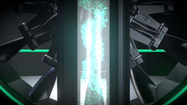 Perfectly centered symmetrical shot detailing a Eco-friendly decarbonization turbine featuring a glowing green and cyan clean.