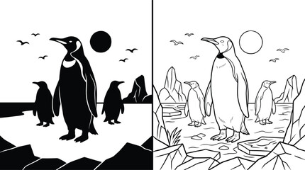 Penguins Family Standing on Melting Ice Floe in a Simplified Minimalist Arctic Landscape Vector Illustration © Jebin