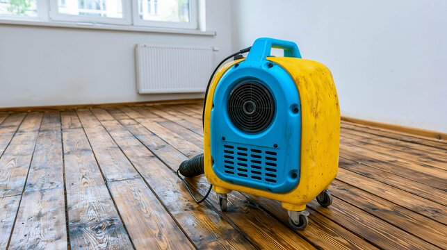 Commercial air mover drying hardwood floor after flood damage and water leak restoration
