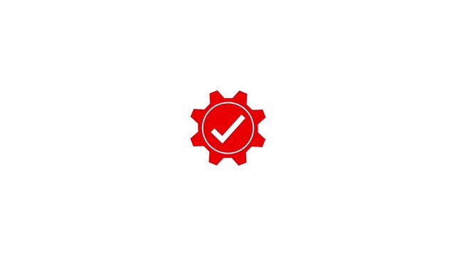Red gear cogwheel icon with a checkmark symbol inside on an isolated white background for technical specification conformity and quality control concept