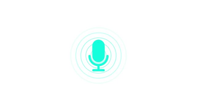 Cyan light blue microphone icon with sound wave rings on an isolated white background for podcast, audio recording, and live broadcasting concept