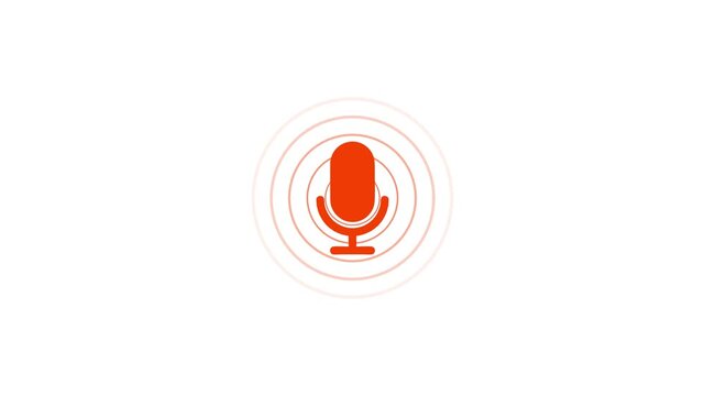 Red microphone icon with glowing sound wave rings on an isolated white background for podcast, audio recording, and live broadcasting concept