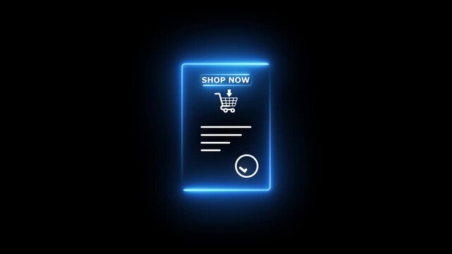 Blue neon glowing online shopping e-commerce concept with shop now button, shopping cart icon, and checkmark symbol on dark black background