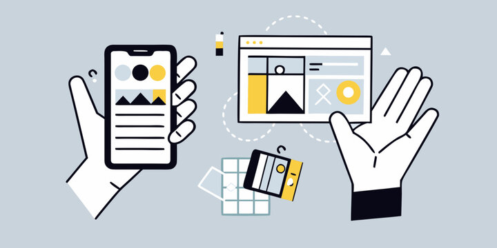 Hands Presenting Browser Window And Mobile Phone Vector Illustration