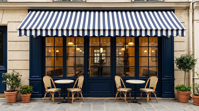 Charming Parisian cafe with blue and white striped awning and outdoor seating on cobblestone street in France, offering inviting atmosphere and delicious pastries and coffee.