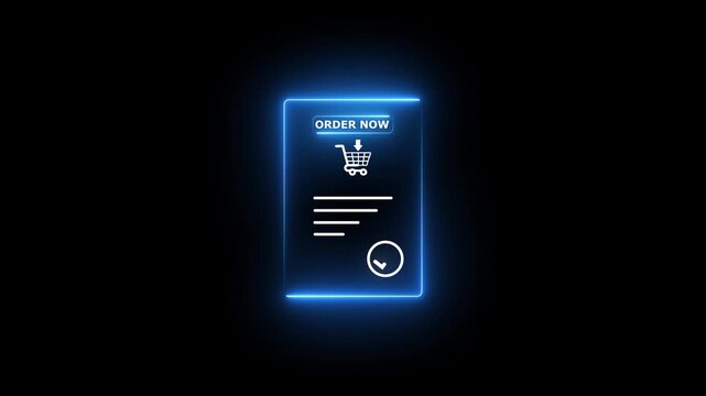 Blue neon glowing e-commerce shopping invoice concept with order now button and shopping cart icon on a dark black background