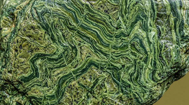  Serpentinite metamorphic rock macro with wavy green veins on solid warm olive background