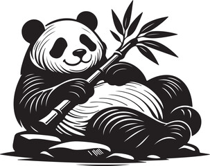 Fototapeta premium Giant Panda Bear Eating Bamboo Branch