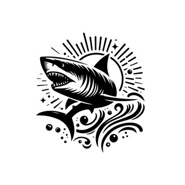 Shark Attack Splash: A fierce shark with bared teeth surfaces amidst dynamic waves and sun rays, creating a bold graphic illustration conveying power and danger.
