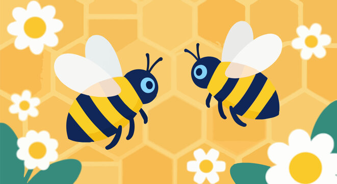 Honeybees, bee icons, honeycomb background, floral pattern, vector illustration