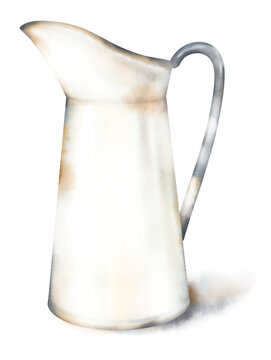 Delicate watercolor hand drawn illustration of a vintage white ceramic pitcher, soft shadow, isolated on white background. Farm kitchen object for country decor, garden party and still life