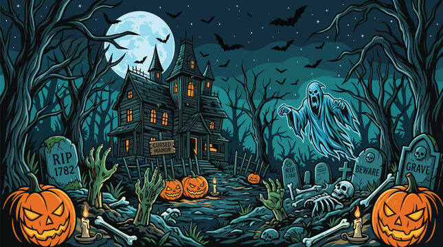 Eerie blue ghost floats through a dark cemetery near a cursed manor with zombie hands rising from the earth.