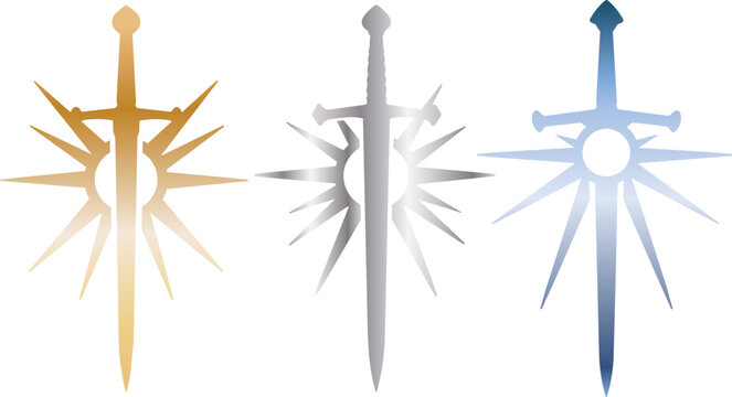 Sword icons, metallic sword graphics, golden silver blue sword symbols, vector sword emblems
