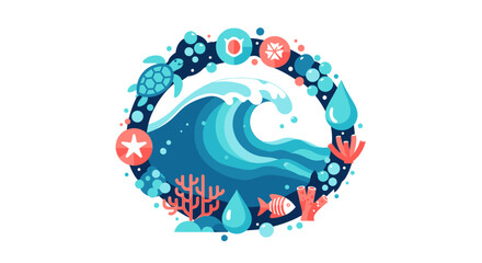 Fototapeta premium Flat Vector Illustration of Marine Ecosystem with Ocean Wave, Sea Turtle, Fish, and Coral. Circular Design for Environmental Conservation and Ocean Sustainability Concept.