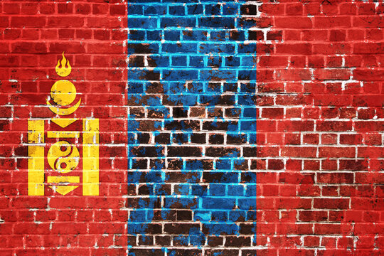 Mongolian National Flag Painted on a Distressed Red Brick Wall with Blue Stripe and Golden Soyombo Symbol