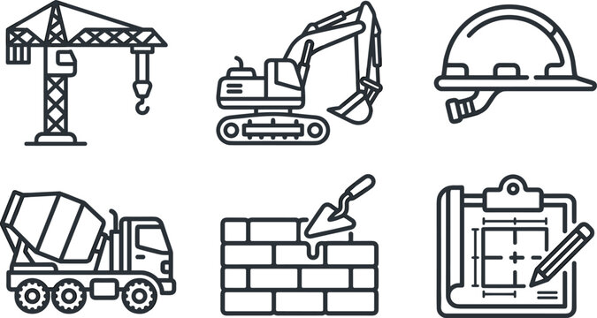 Minimalist construction industry vector line icon set featuring tower crane heavy excavator safety helmet cement mixer truck bricklayer trowel and blueprint clipboard layout