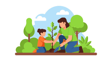 Naklejka premium Mother and Daughter Planting a Young Tree Together in a Park, Flat Vector Illustration of Family Gardening for Environmental Sustainability and Earth Day