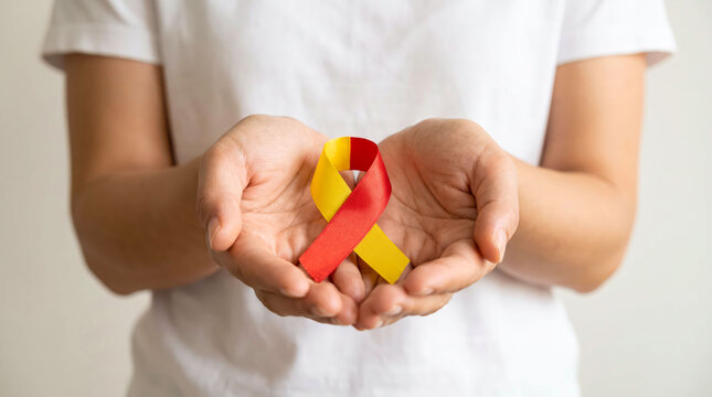 Red and yellow awareness ribbon held in hands, hepatitis C and world hepatitis day concept, medical health support symbol in palms