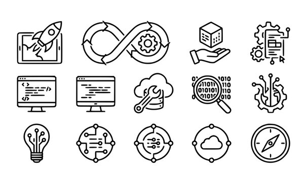 Digital transformation line icon set with agile software development technology automation and corporate innovation linear graphics