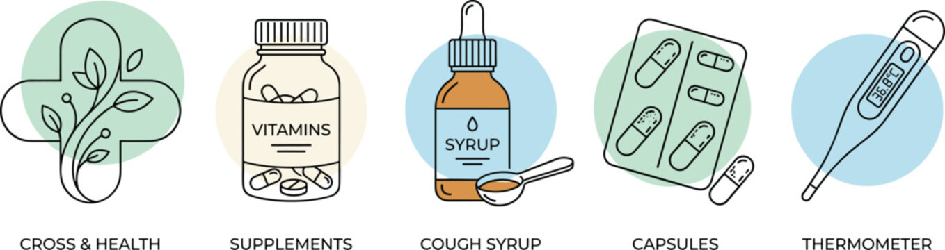 Medical healthcare vector line icon set with pastel color circles featuring herbal cross vitamin supplement bottle cough syrup capsules blister pack and thermometer