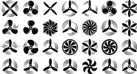 Airplane propeller and industrial fan blade silhouette icon set for aviation ventilation turbine and rotation vector collection ©  Jahangir
