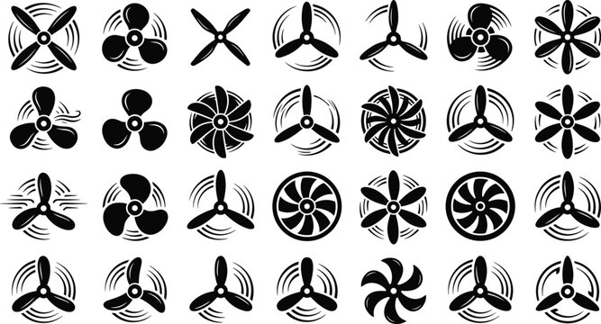 Airplane propeller and industrial fan blade silhouette icon set for aviation ventilation turbine and rotation vector collection