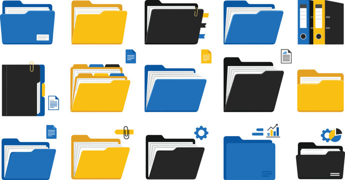 Office folder and document file icon set for data organization business administration and archive storage vector