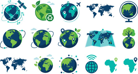 Green eco earth globe world map network and satellite vector icons set for global sustainability ecology and technology ©  Jahangir