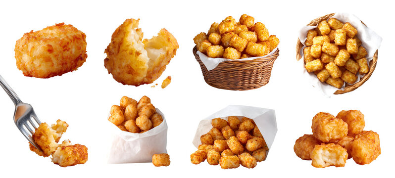 Set of Tater tots, golden fried crispy baked grated potatoes, on fork, rattan basket with napkin, takeout paper bag, stack pile broken bitten, transparent cutout PNG. Many different mockup