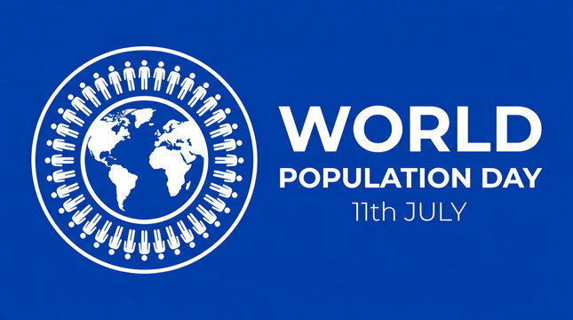 World Population Day 11th July banner, global awareness concept with earth and people icons, blue background with white typography