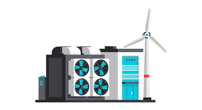 Sustainable Industrial Facility with Wind Turbine and Cooling Fans, Concept for Carbon Capture, Renewable Energy, and Eco-Friendly Infrastructure