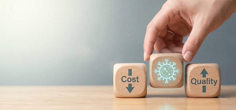 Human hand moving wooden cubes with quality and cost symbols decision making business optimization
