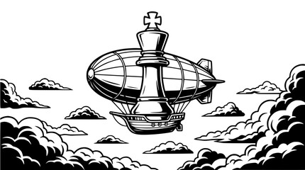 Chess King on Airship Flying Through Clouds, Strategy Concept, Vintage Style © Berkah