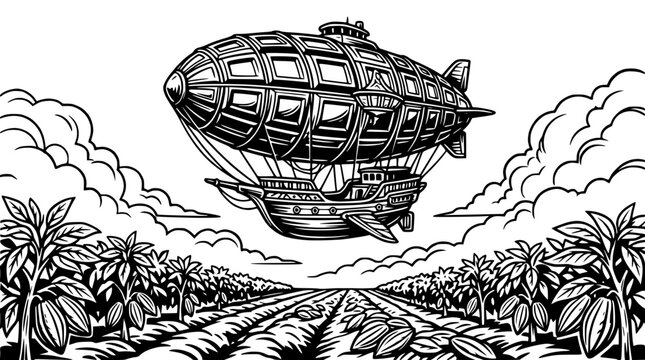 Steampunk Airship Flies Over Chocolate Cocoa Bean Plantation Field