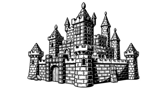 Hand-drawn illustration of a fantasy castle, medieval architecture, stone fortress, fairytale building