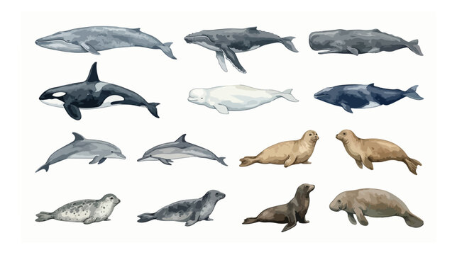 Watercolor marine mammal collection, 14 aquatic animal vector illustrations, realistic whale and dolphin set, ocean life icons for educational posters
