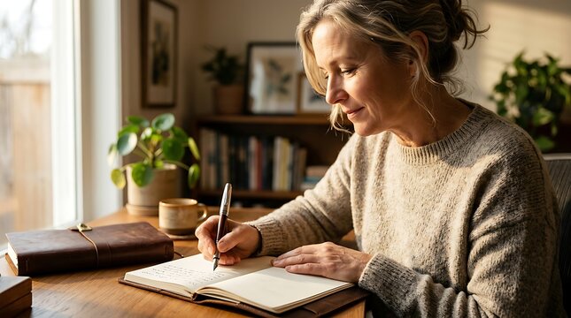 Mature woman writing in a leather journal at a sunlit desk