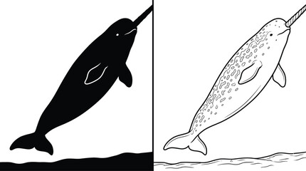 Narwhal Graphic Set with Abstract Black Silhouettes and Detailed Outline Illustrations for Design Projects © Jebin