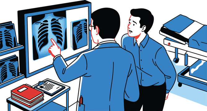Two men in blue examining chest x-ray images on a lightbox in a medical setting with silhouette style
