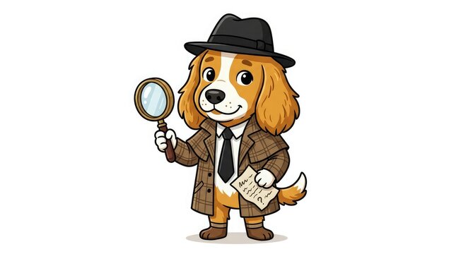 Cartoon detective dog character holding magnifying glass and notes isolated on white background vector illustration
