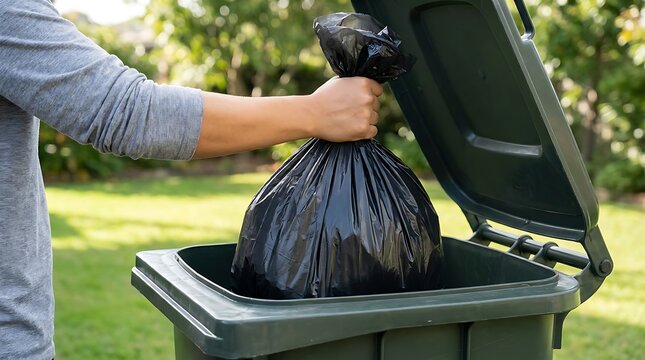Close up of hand holding full black garbage bag over green wheelie bin in suburban garden, representing waste removal and home tidiness.