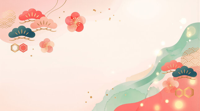 上品でモダンな新春用和風背景素材：松竹梅と水彩グラデーション　Elegant and Modern Japanese New Year Background: Sho-Chiku-Bai and Watercolor Gradient