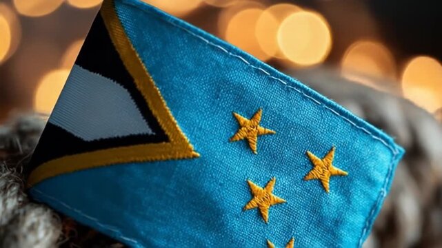 A close-up shot of a small, embroidered flag with a blue background and yellow stars