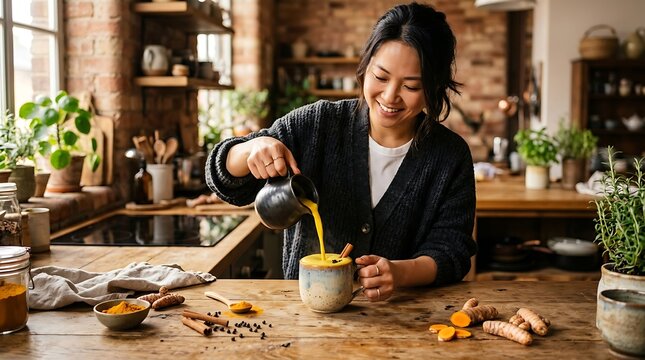 Smiling woman pouring healthy turmeric latte in rustic kitchen