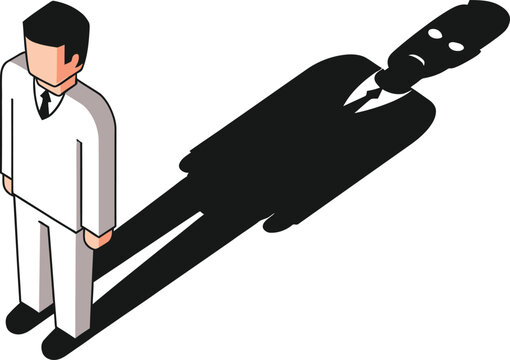 A man standing next to an oversized shadow resembling a giant figure. Vector