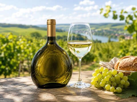 Fr&auml;nkischer Silvaner im Weinglas mit bauchiger Flasche und gr&uuml;nen Trauben vor sonnigem Weinberg &ndash; traditionell deutscher Wei&szlig;wein aus der regionalen Weinkultur.